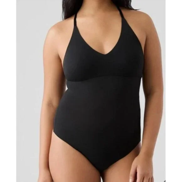 True & Co SZ Small Black V Neck Soft Lace Racerback Bodysuit Thong Wire Free - Picture 7 of 8